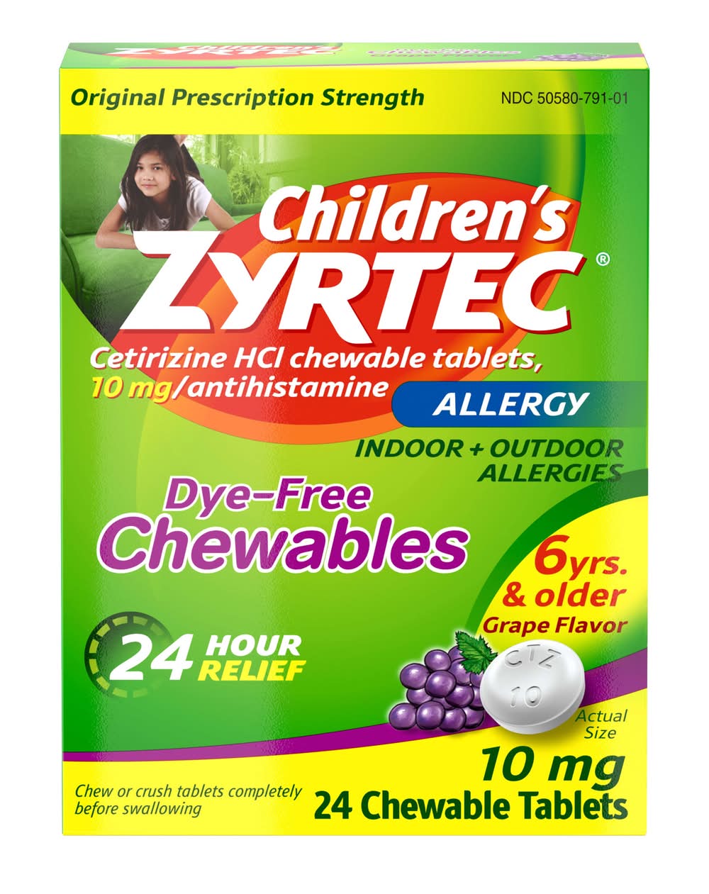 Zyrtec Children's Allergy Relief Cetirizine Chewable Tablets 10 mg 6+ Years, Grape (24 ct)