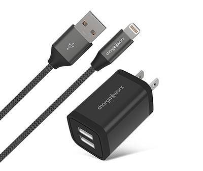 Black 6' Lightning to Usb-A Cable & Wall Adapter