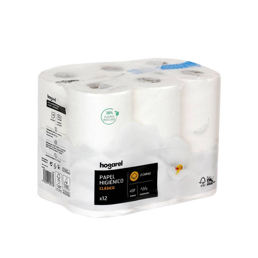 Papel higiénico clásico no compacto 2capas HOGAREL 12 uds