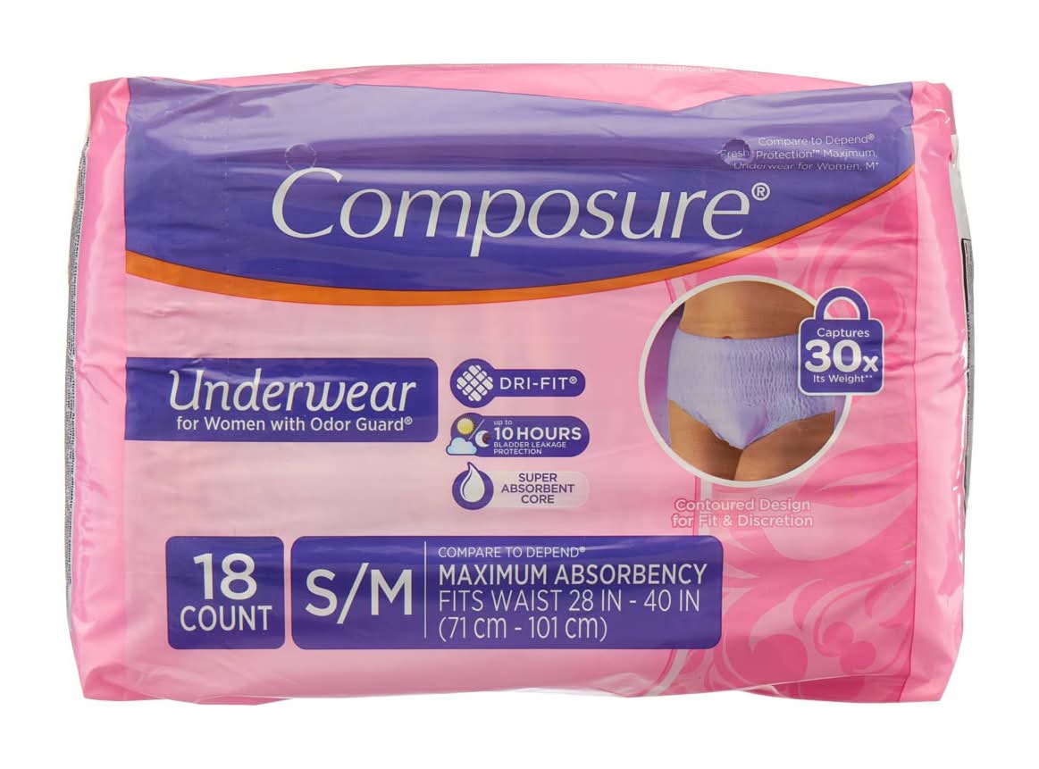 Composure Maximum Absorbency Women'S Underwear With Odor Guard Small/Medium 18 Ct