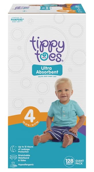 Tippy Toes Ultra Absorbent Giant pack Diapers, Stage 4 (128 ct)