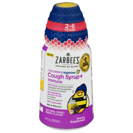 Zarbee’s Mixed Berry Kids Cough Syrup + Immune Nighttime Honey, Vitamin D & Zinc Supplement