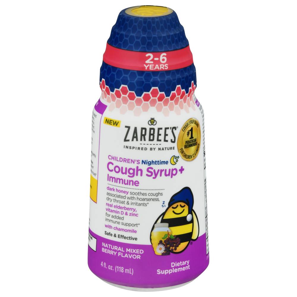 Zarbee's Mixed Berry Kids Cough Syrup + Immune Nighttime Honey, Vitamin D & Zinc Supplement (4 fl oz)