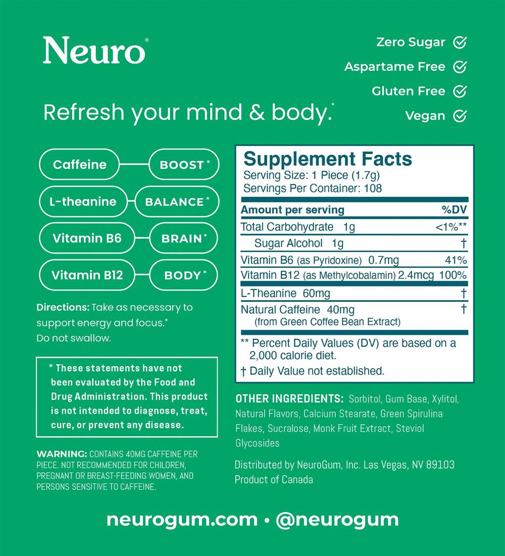 Energy & Focus Gum - Spearmint (108 Total Pieces)