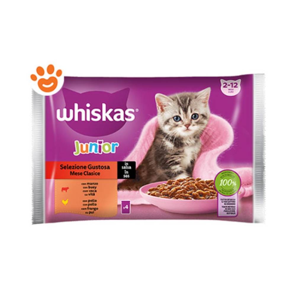 Comida Húmeda Para Gatos Junior Carne En Salsa Whiskas 4X85G