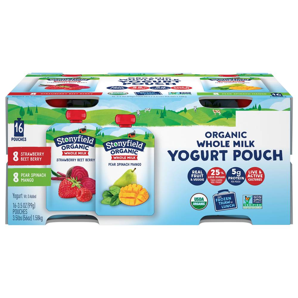 Stonyfield Organic Organic Whole Milk Pouch Variety pack, Strawberry Beet Berry-Pear Spinach Mango (3.5 lbs, 16 ct)