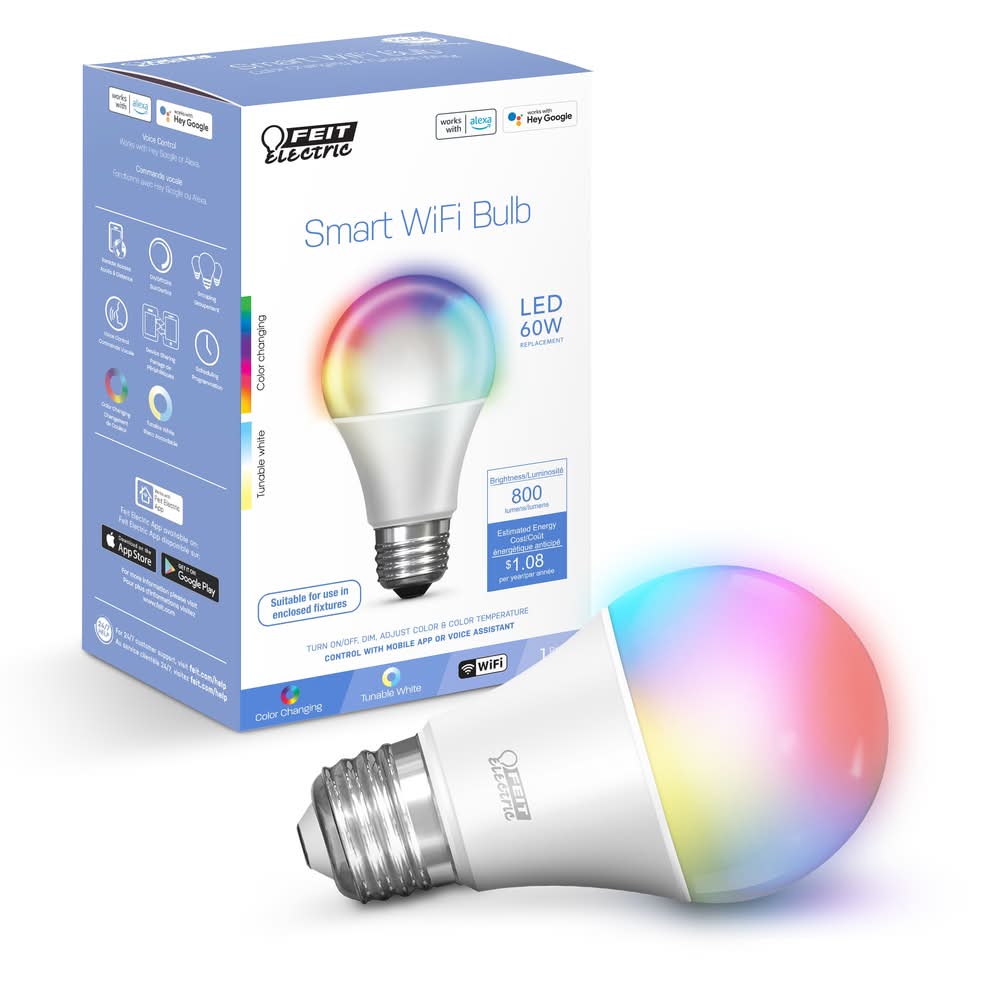 Feit Electric Smart WiFi 60 -Watt EQ A19 RGB Screw bases Dimmable Smart Commercial Light Bulb