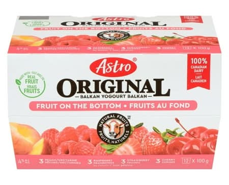Astro Original Balkan Style Yogourt, Raspberry-Strawberry-Peach Nectarine-Cherry (1.2 kg, 12 ct)