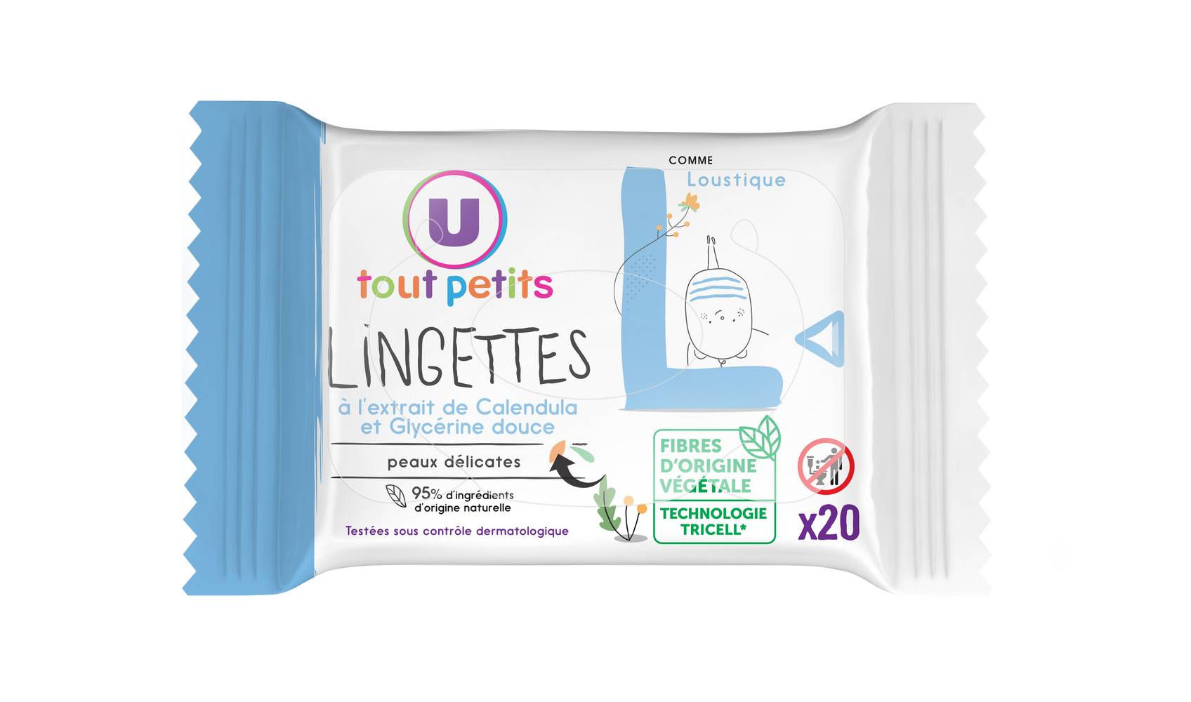 U tout petits - Lingettes classique pour bébé à l'extrait de calendula et à la glycérine douce, L (20)