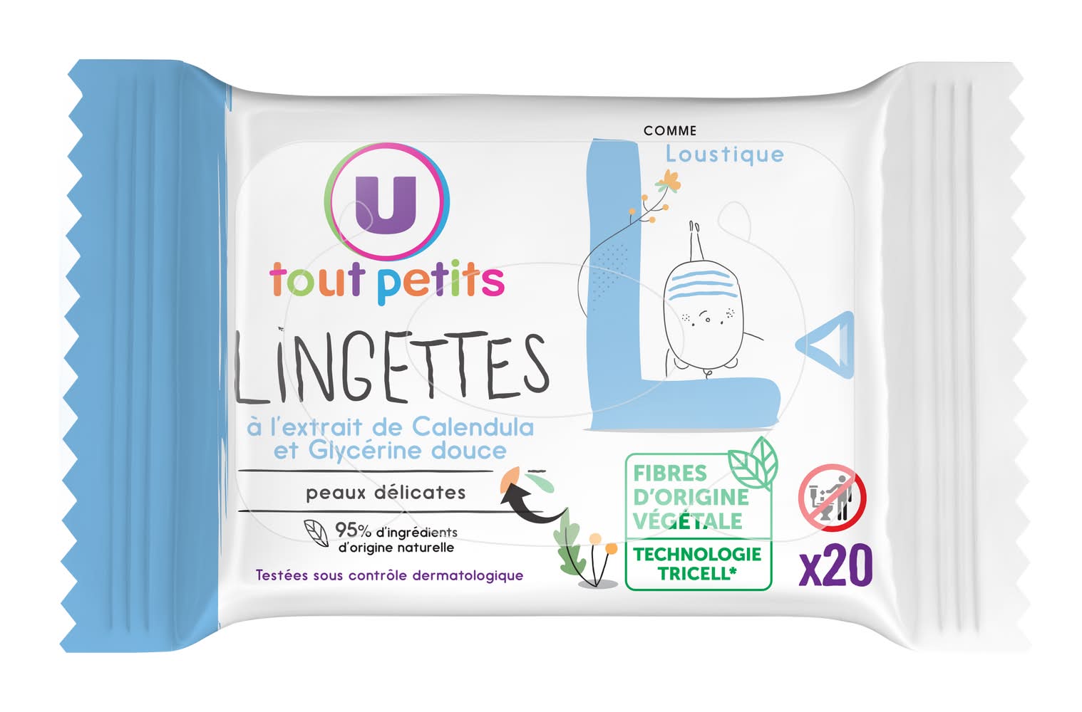 U tout petits - Lingettes classique pour bébé à l'extrait de calendula et à la glycérine douce, L (20)