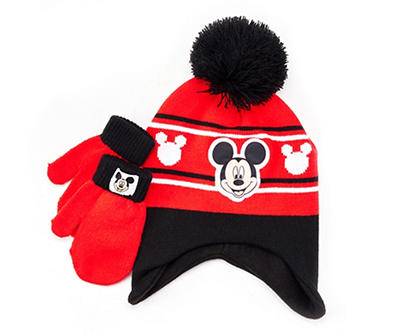 Disney Mickey Mouse Kids Pom-Pom Beanie & Mittens (red - black)