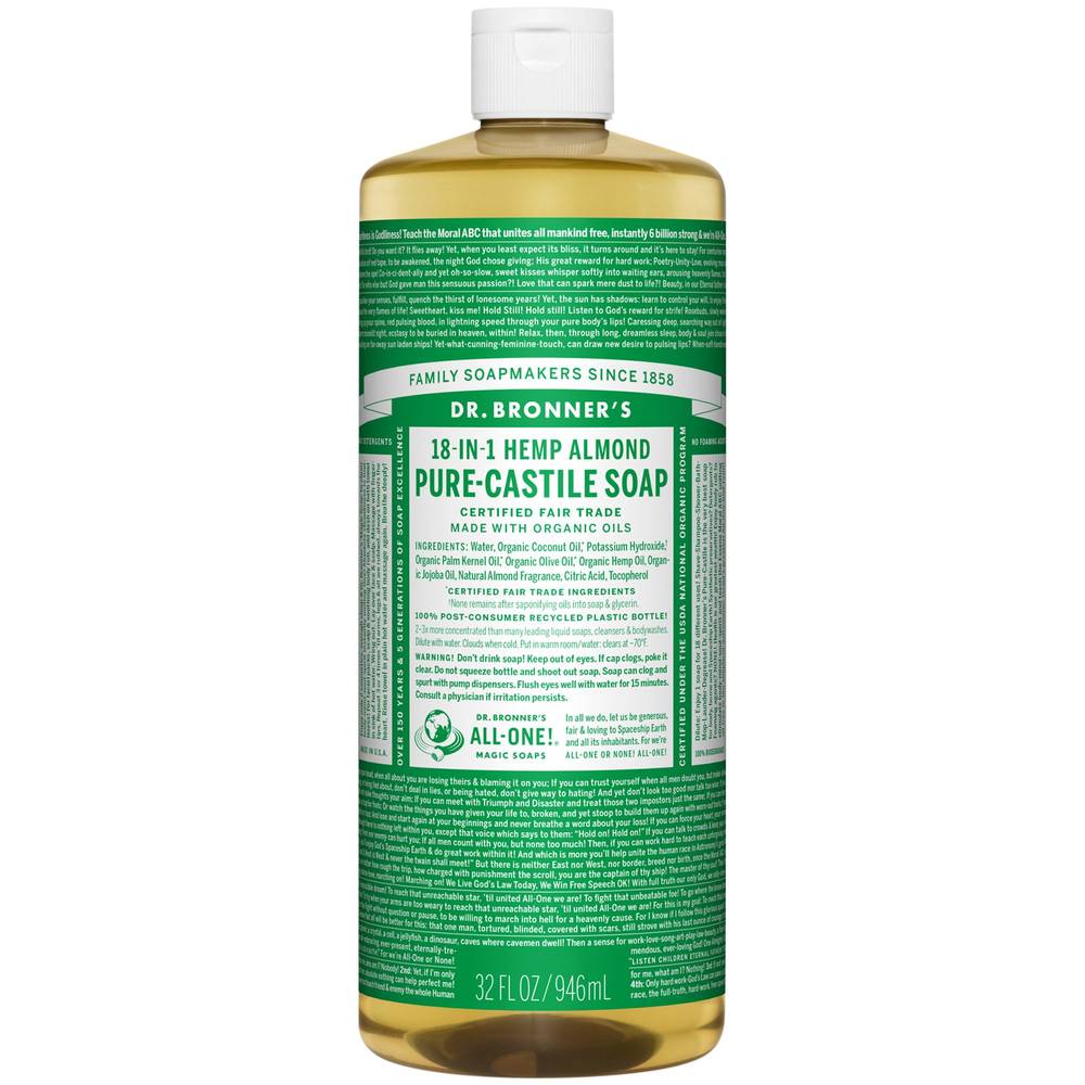 18-In-1 Hemp Pure-Castile Soap - Made With Organic Oils - Almond (32 Fluid Ounces)