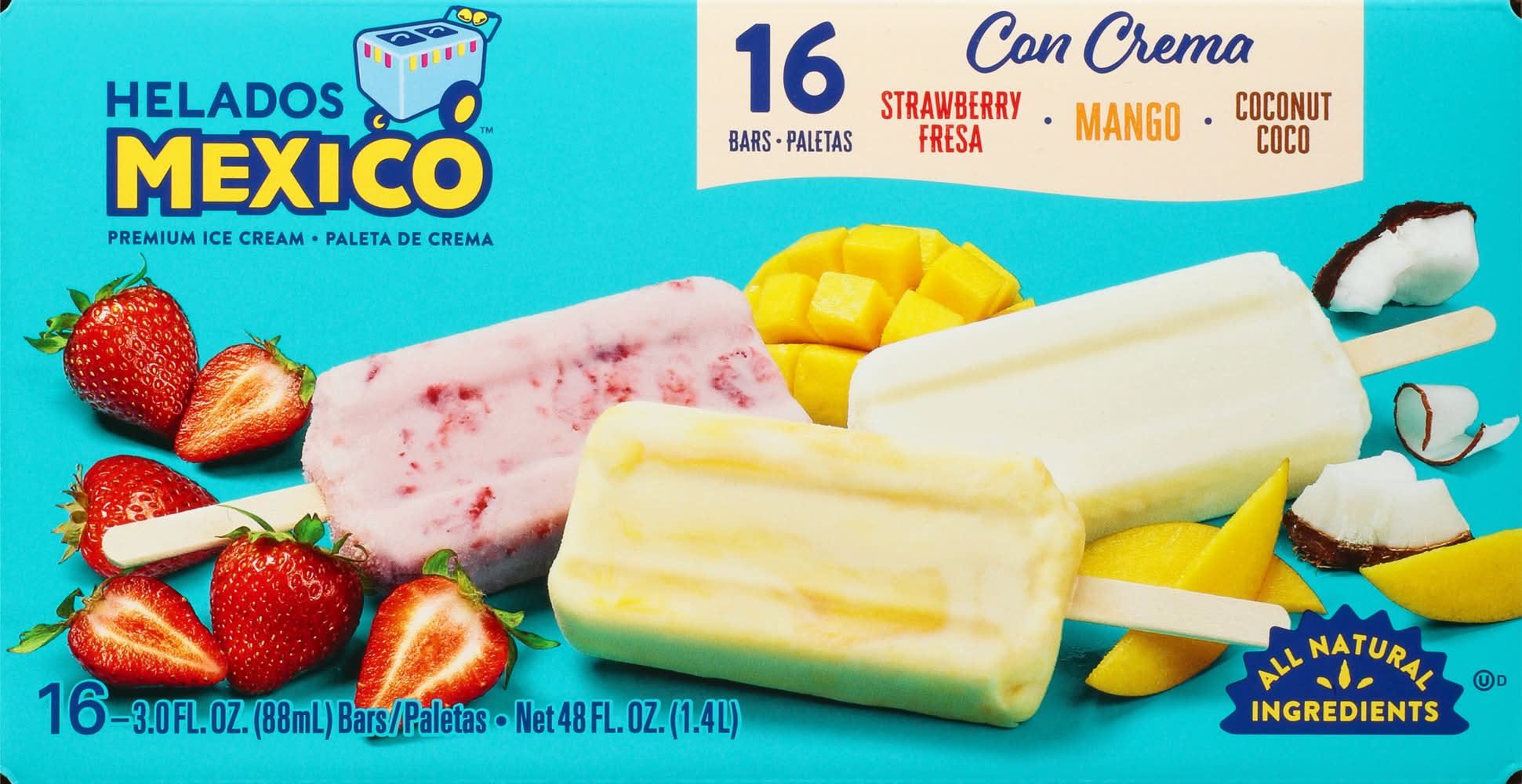 Helados Mexico Premium Strawberry Mango Coconut Ice Cream Bars, Assorted (48 fl oz, 16 ct)