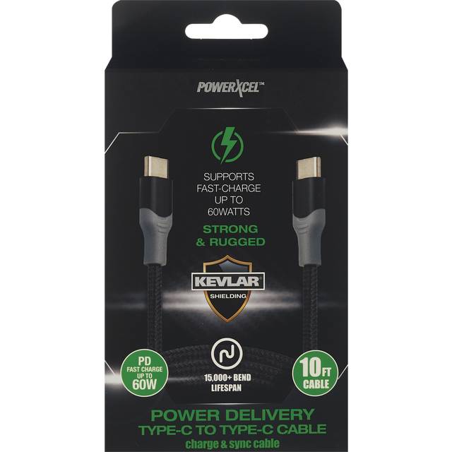 Powerxcel Kevlar Power Delivery Type C To Type C Charge and Sync Cable (10")