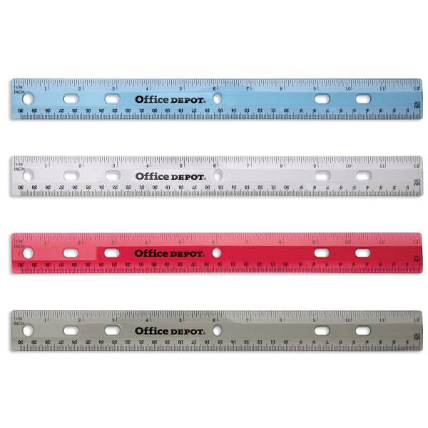 Office Depot 12" Variety Colors Brand Transparent Plastic Ruler For Binders (4 ct)