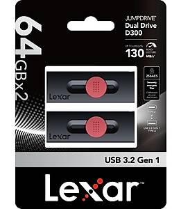 Lexar JumpDrive D300 Dual 64GB USB 3.2 Gen 1 Type-C/Type-A Flash Drive, Black/Red, 2/Pack (LJDD300064G-B2BNU)