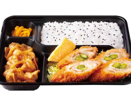 アスパラ豚巻きフライ生姜焼き弁当 Fried asparagus pork roll & ginger fried pork lunch box