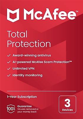McAfee Total Protection for 3 Users, Windows/Mac/Android/iOS/ChromeOS, Product Key Card (MTP21EST3RAAM)