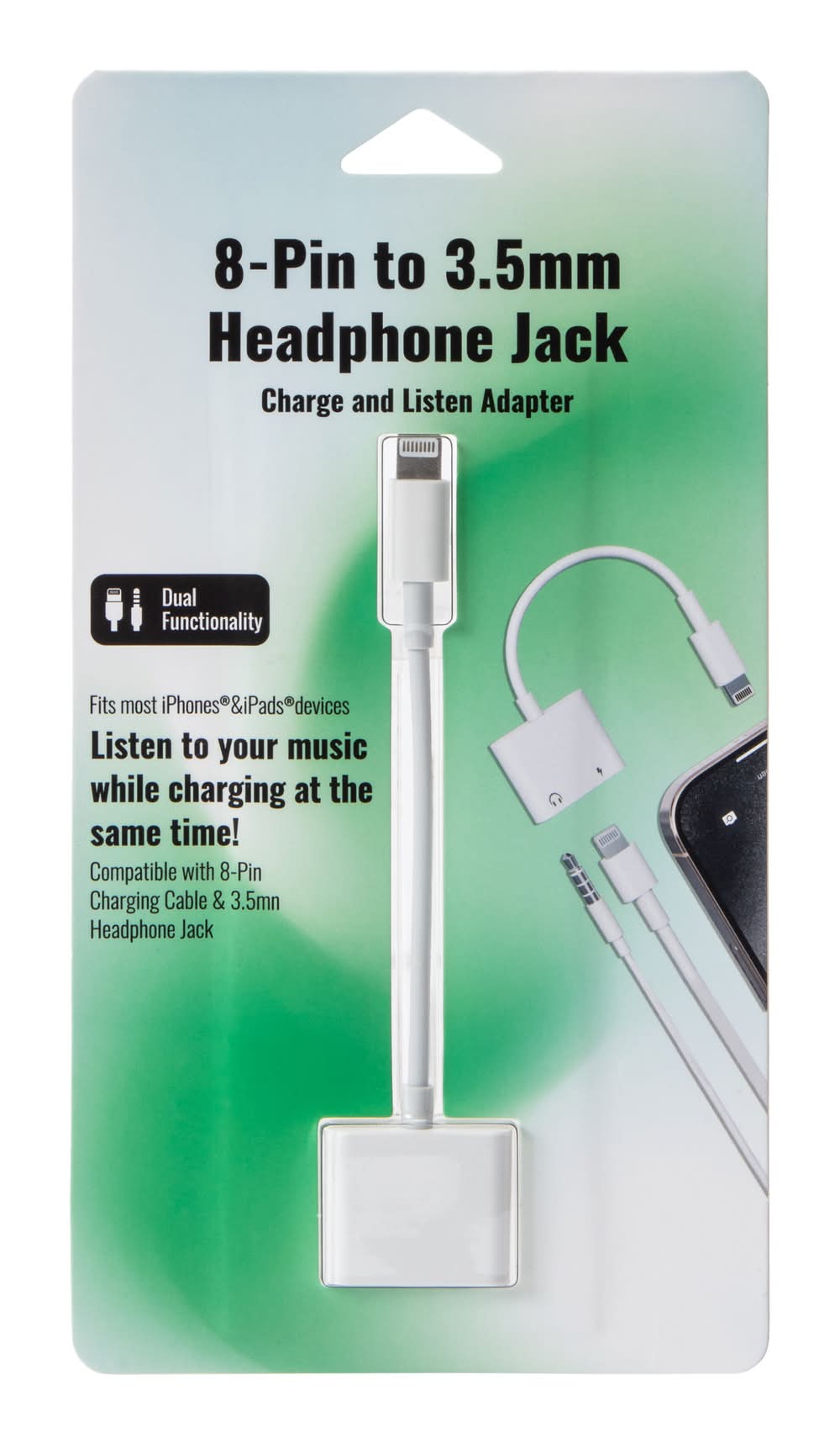 Headphone Jack 8-Pin To 3.5mm Charge & Listen Adapter White