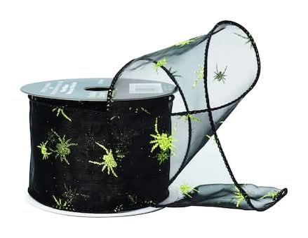 2.5" X 6.6Yd. Black & Green Glitter Spiders Wired Sheer Ribbon By Celebrate It
