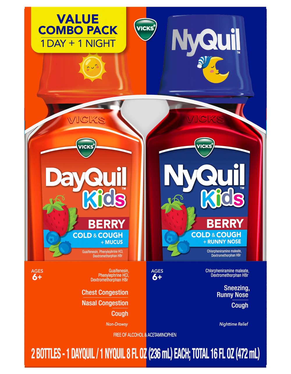 Vicks Dayquil & Nyquil Kids Cold & Cough Medicine Combo pack 6+years, Berry (2 x 8 fl oz)