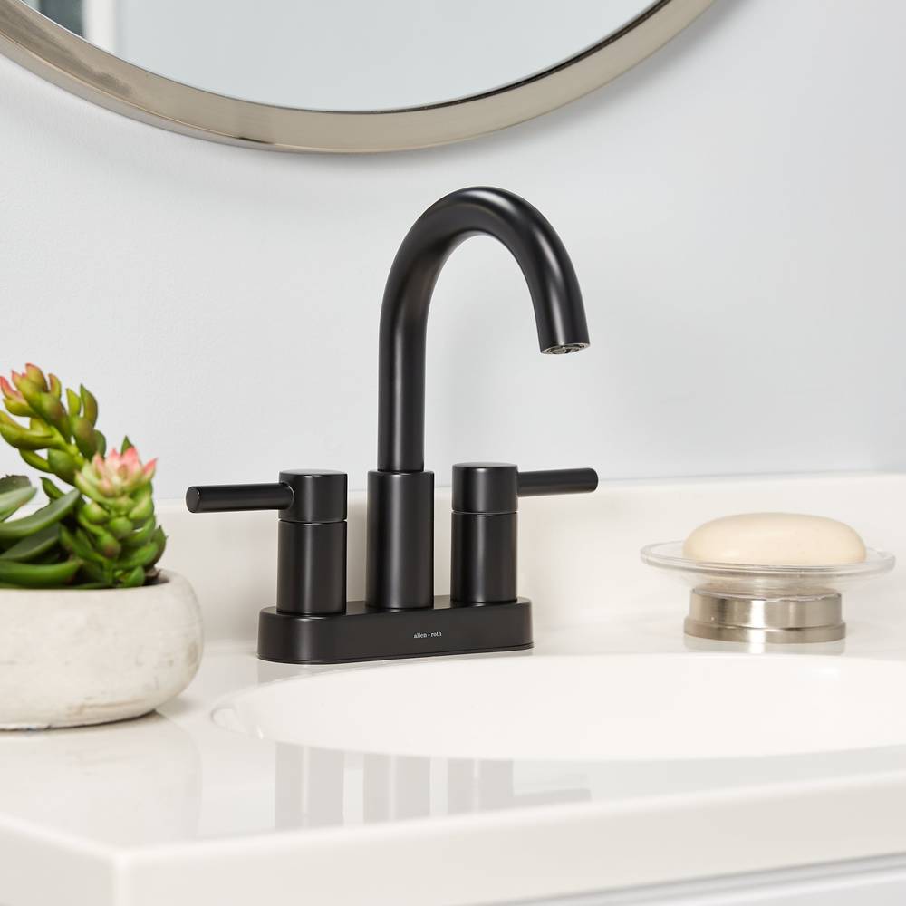 allen + roth Harlow Matte Black 4-in centerset 2-Handle WaterSense Bathroom Sink Faucet with Drain and Deck Plate | 67692W-617001