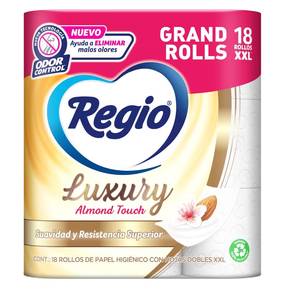 Regio · Luxury almond touch papel higiénico de hoja doble, almendras, XXL (18 un)