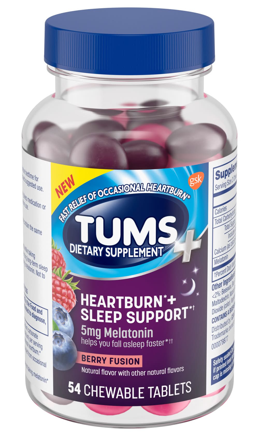 Tums 5 Mg Melatonin Heartburn + Sleep Support Chewable Tablets, Berry Fusion (54 ct)