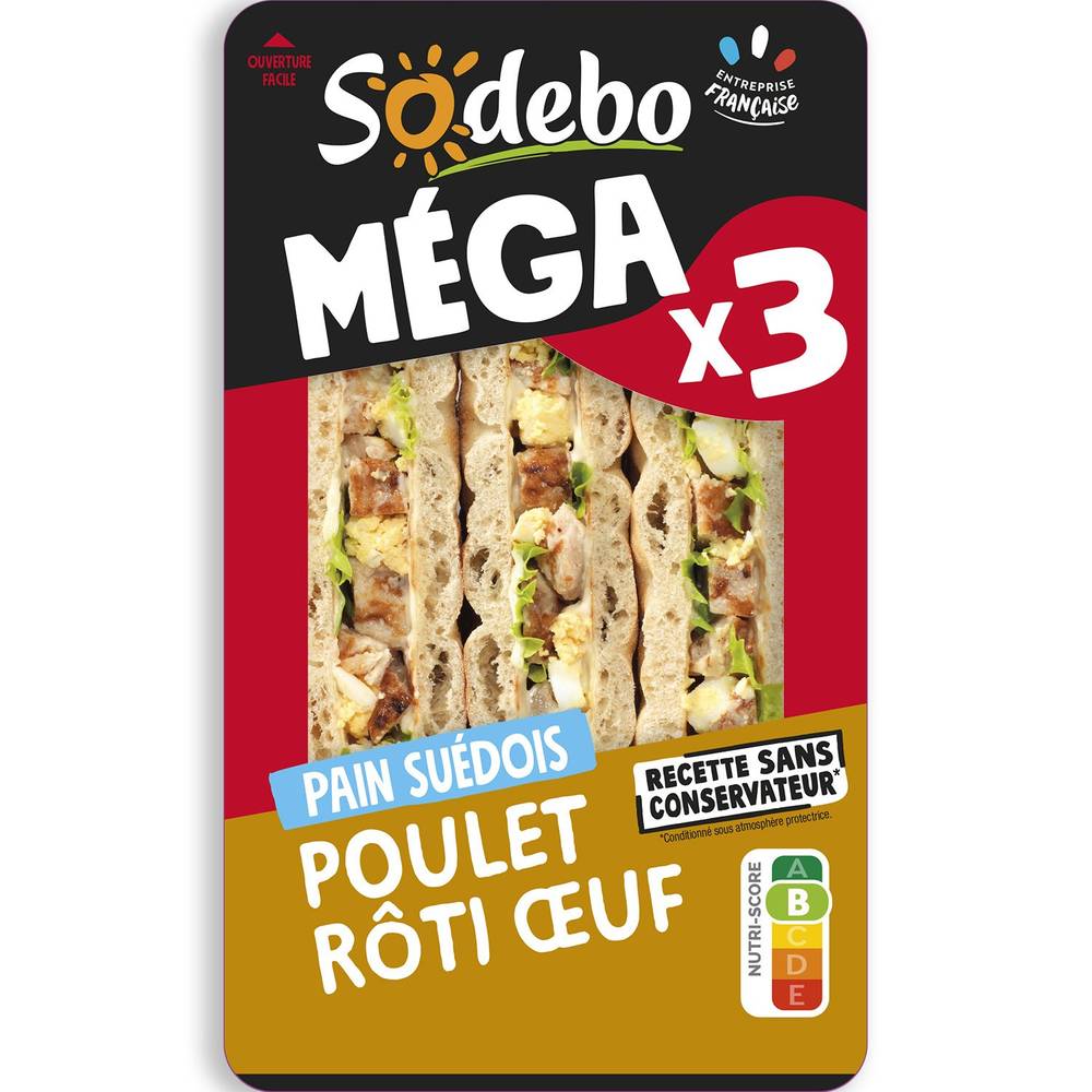 Sandwichs club pain suédois poulet rôti œuf SODEBO - 3 clubs triangles - 230 g