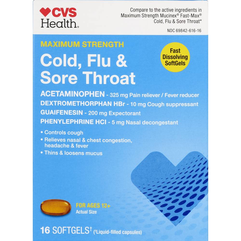 Cvs Health Maximum Strength Cold, Flu & Sore Throat Softgels, 16 Ct