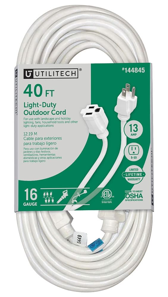 Utilitech 40-ft 16 / 3 Light Duty 3 Prong White Outdoor Extension Power Cord