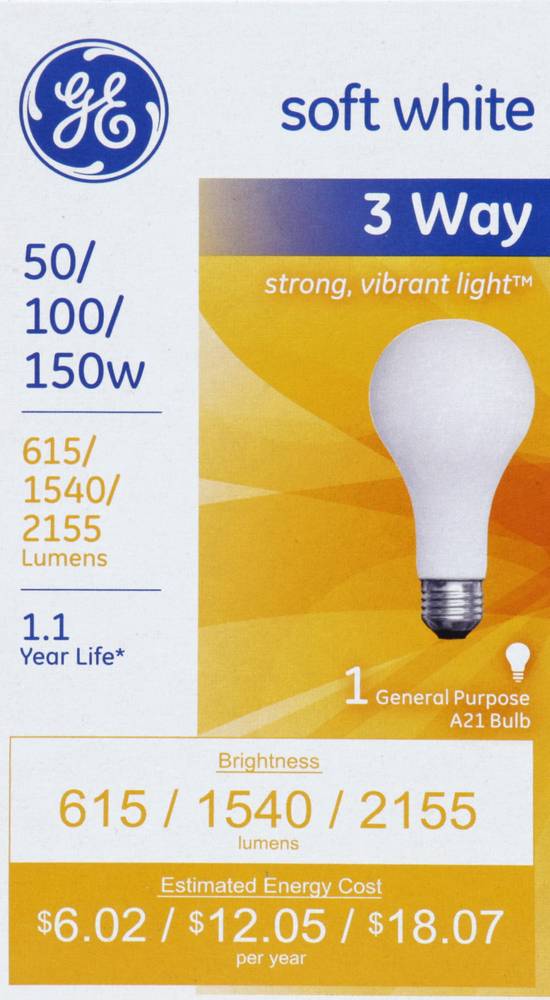 Ge 3 Way Light Bulb Soft White 50W 100W or 150W