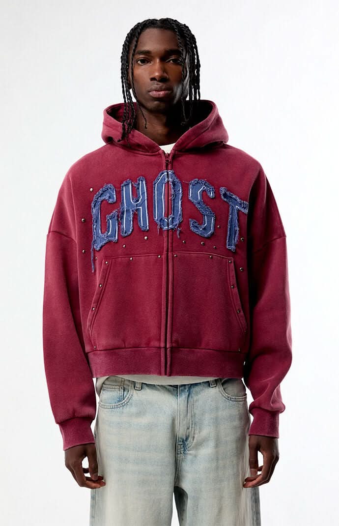 Men's Ghost Washed Cropped Full Zip Hoodie Red L