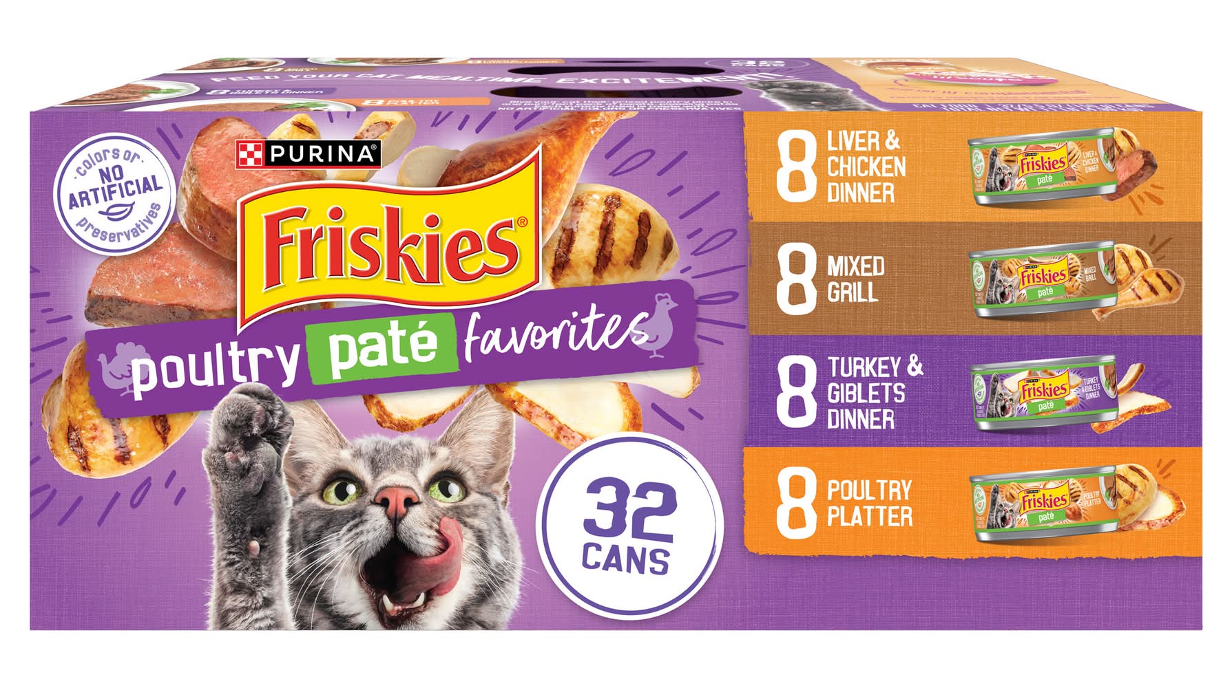 Purina Friskies Poultry Paté Favorites Wet Cat Food Variety pack, Liver & Chicken-Mixed Grill-Turkey & Giblets-Poultry Platter, Adult (32 x 5.5 oz)
