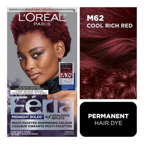L'Oréal Feria Shimmering Permanent Hair Dye, M62 Cool Rich Red