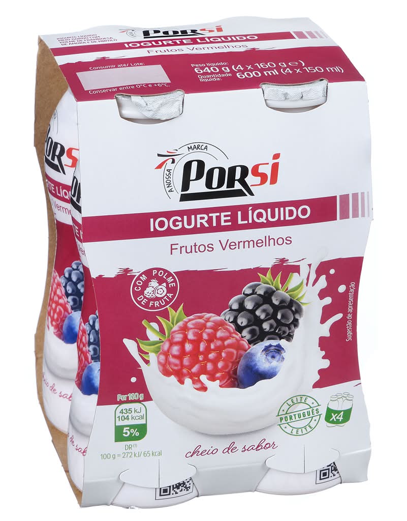 Porsi  - Iogurte lÃquido de frutos vermelhos, embalagem de 4 x 160g