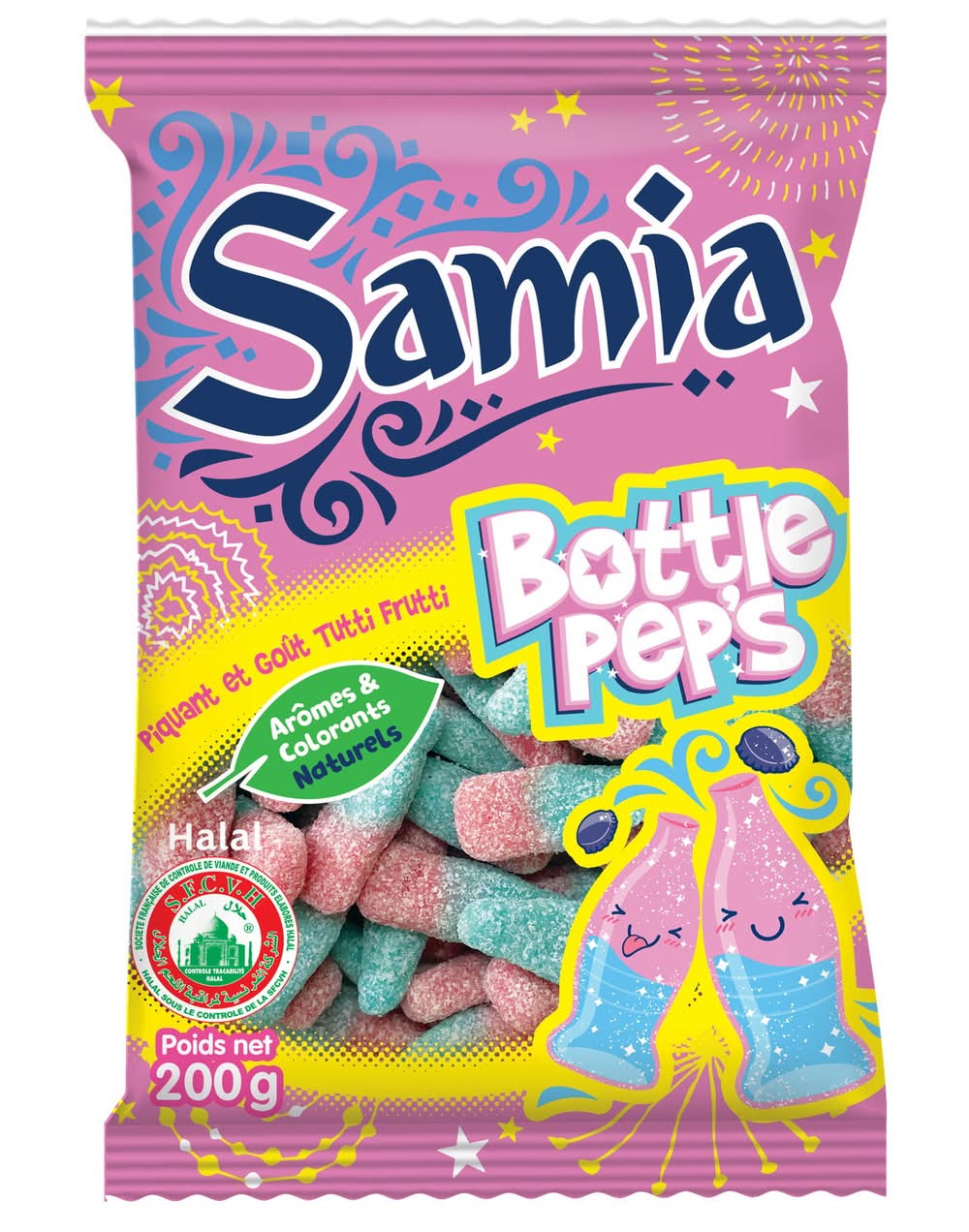 Samia - Bonbons moelleux halal bottle pep's, piquant & tutti frutti (200g)