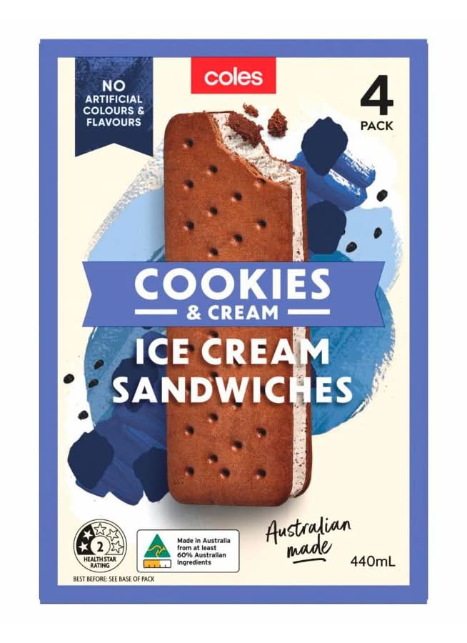 Coles Cookies & Cream Ice Cream Sandwich (440mL, 4 pack)