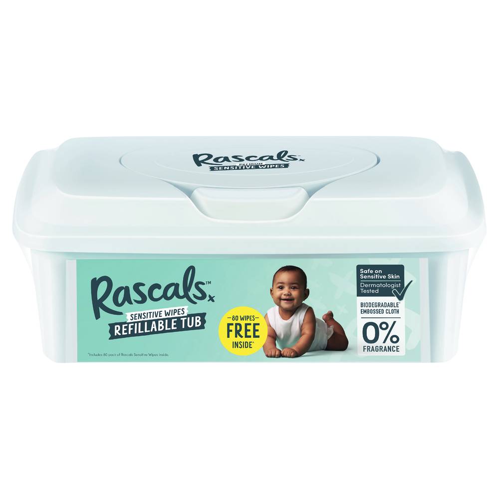 Rascals Sensitive Wipes Biodegradable Refillable Tub Baby Wipes 80 pack