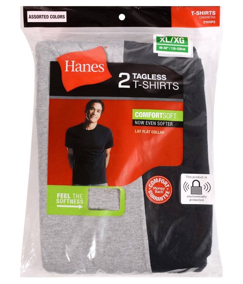 Hanes Tagless T Shirts, Men, XL/XG, Black-Gray (2 ct)