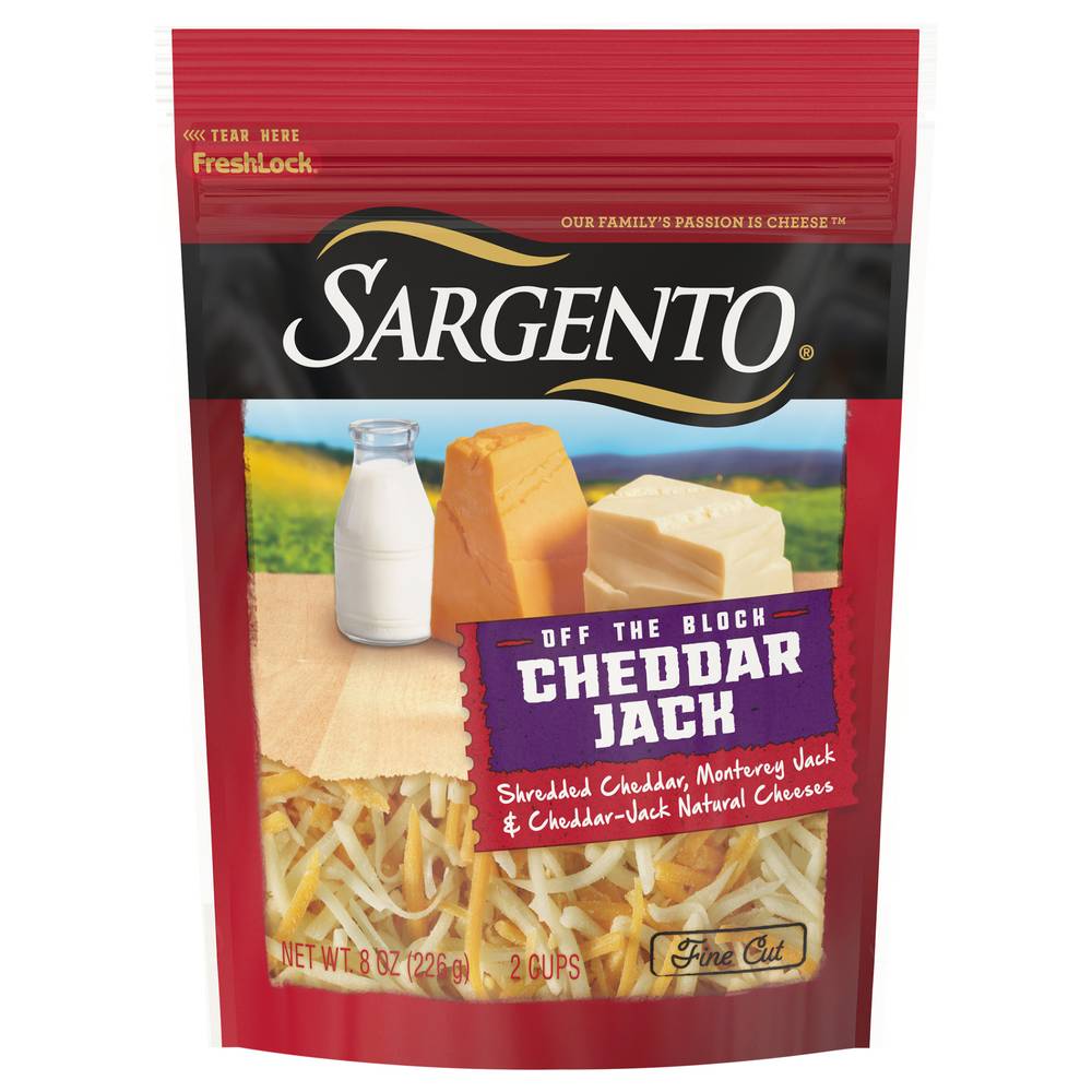Sargento Off The Block Cheese, Cheddar Jack, Fine Cut 8 Oz