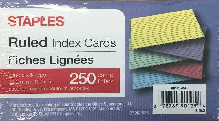 Staples Ruled Index Cards, 3" X 5", Assorted