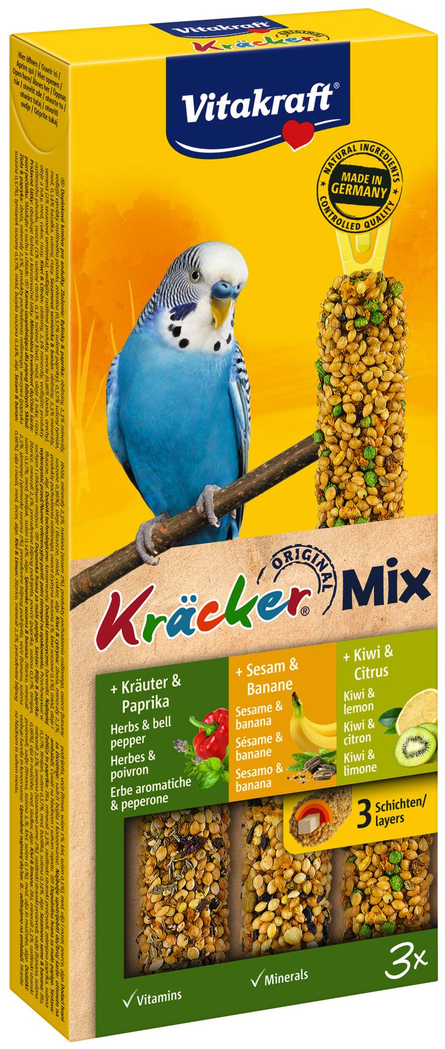 Vitakraft - Kräcker trio-mix pour oiseaux aux herbes & poivron, sésame & banane et kiwi & citron (90g)