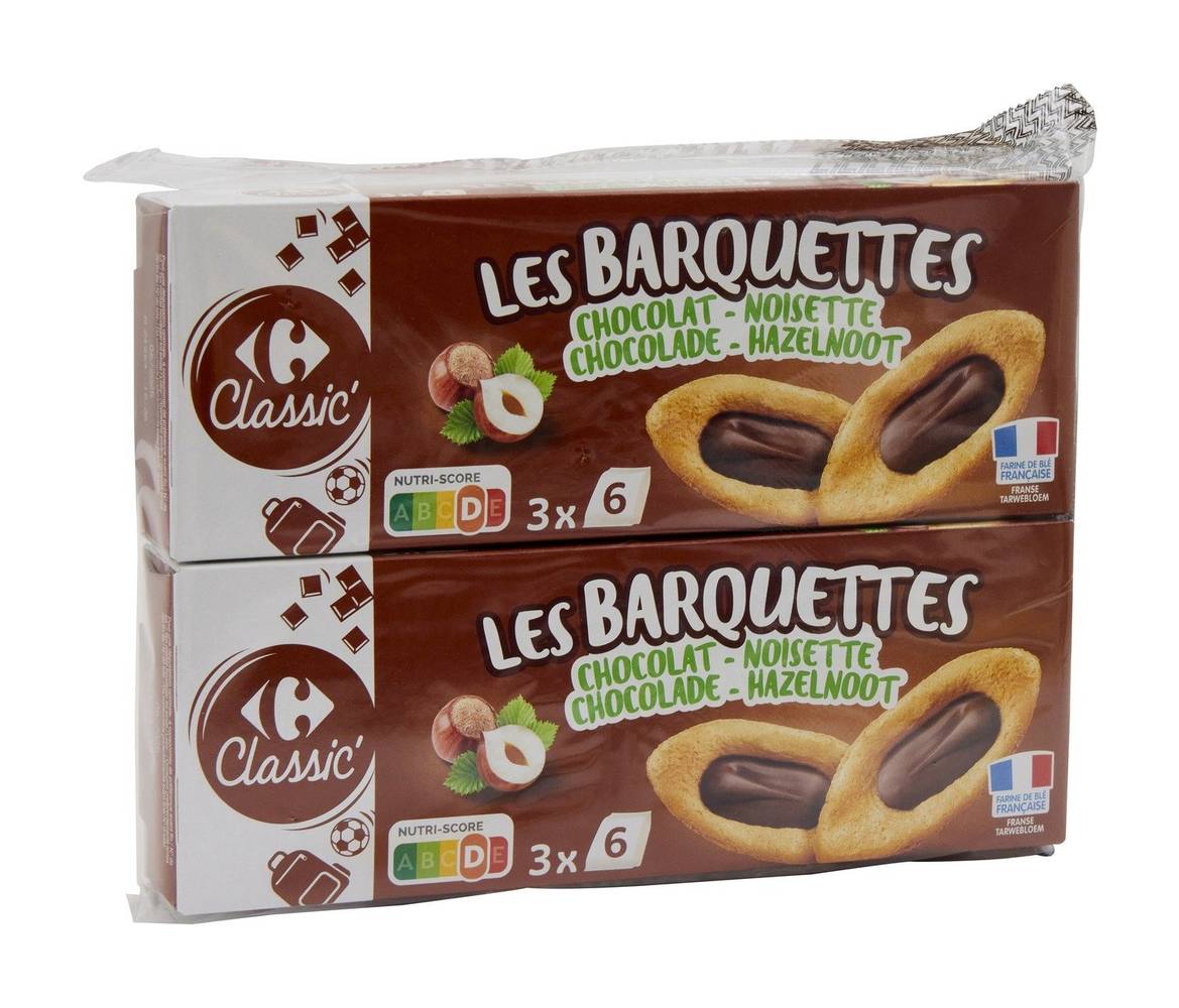 Carrefour Classic' - Les barquettes biscuits, chocolat-noisette (2 x 3)