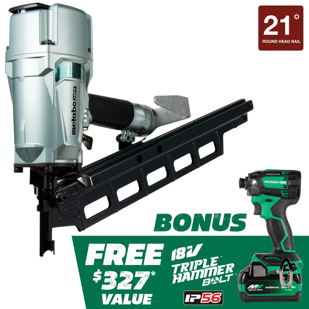 Metabo HPT BONUS 18V Triple Hammer Bolt Impact Driver and 3-1/4-in 21 -Degree Pneumatic Roundhead Framing Nailer