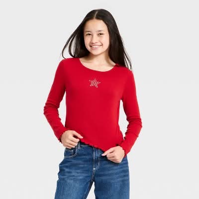 Art Class Sleeve Embellished Ribbed T-Shirt, Women, L, Red