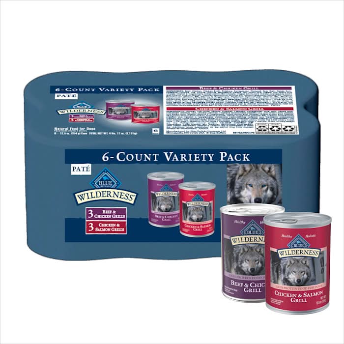 Blue Buffalo Wilderness Adult High Protein Beef & Chicken and Salmon & Chicken Wet Dog Food Variety Pack, 12.5 oz., Count of 6