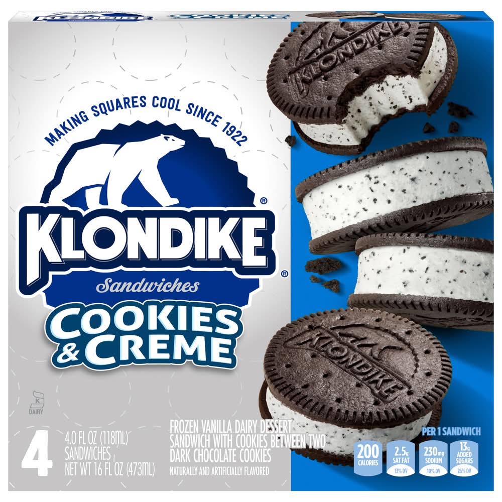 Klondike Cookies & Creme Dairy Dessert Sandwiches (16 fl oz, 4 ct)