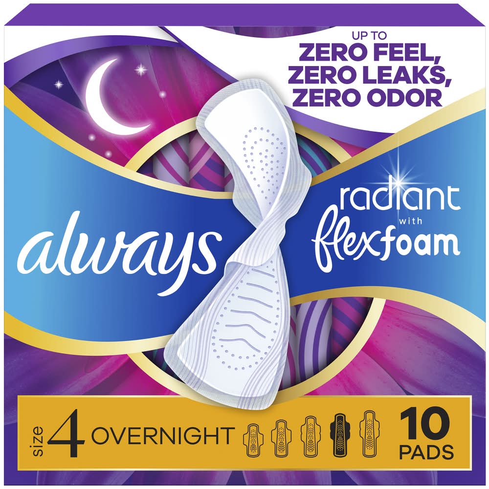 Always Radiant Flexi Foam Overnight Pads, 4 (10 ct)