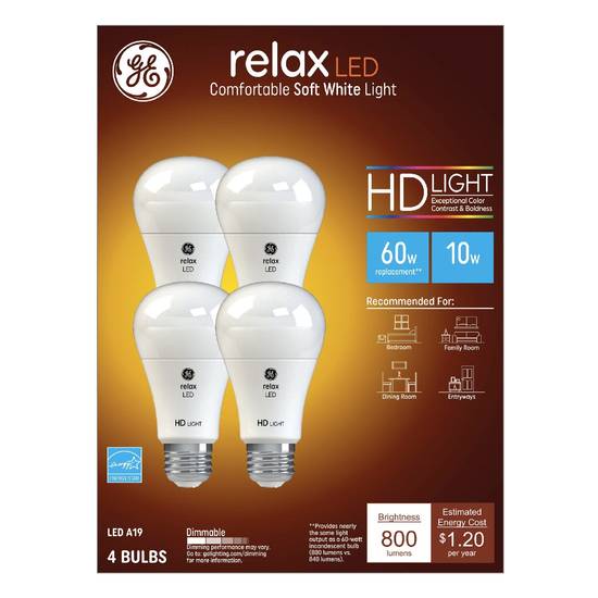 GE Relax A19 LED HD Light Bulbs, Soft White, Dimmable, 60W, 800 Lumens, 4 CT